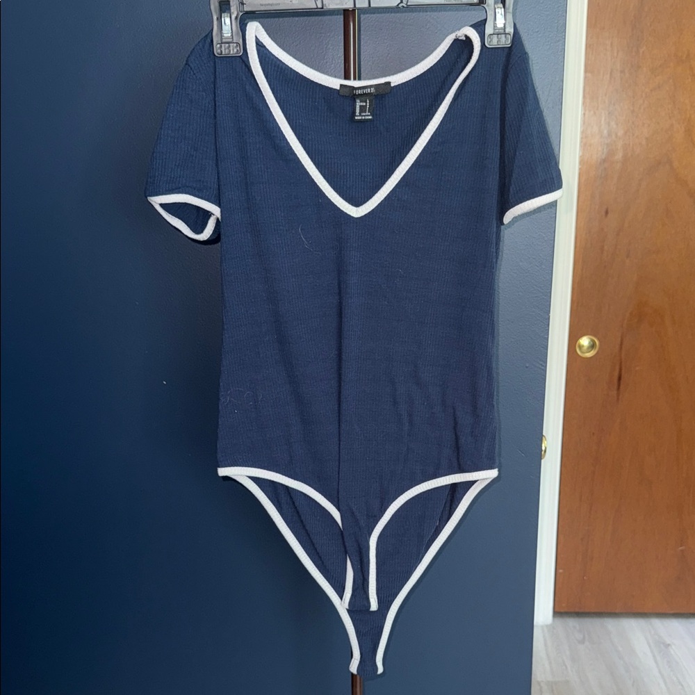 Navy Blue Bodysuit with White Trim